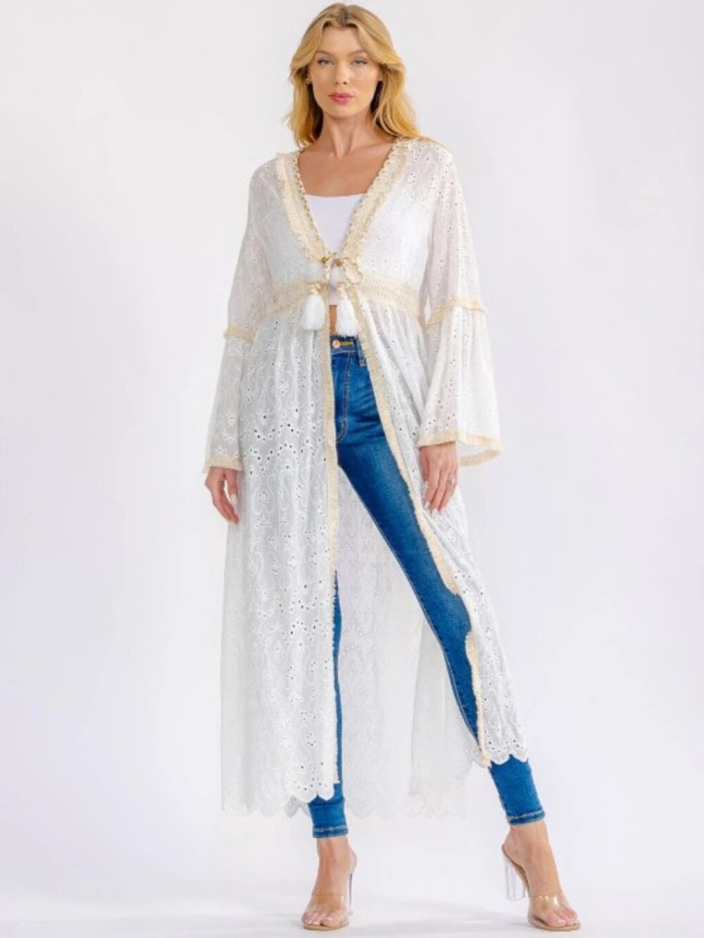 Luxe Boho Eyelet Lace Duster Kimono – Cream Tassel Tie Cover-Up